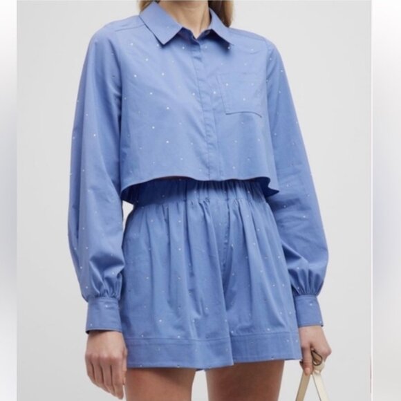 Jason Wu Blue 2-PC Rhinestone Embellished Cotton Button Shirt & Shorts Set S - Picture 8 of 9